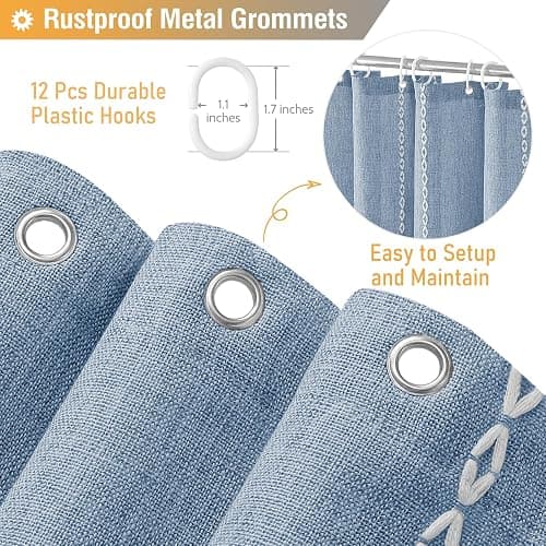 BTTN Boho Farmhouse Shower Curtain, Linen Rustic Weighted Striped Fabric Shower Curtain Set with Tassel, Water Repellent, Bohemian Vintage Country Cloth Shower Curtains for Bathroom, Blue, 72x72 thumbnail 6