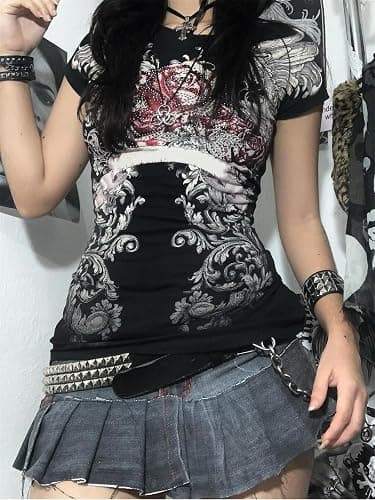 VnimVinter Grunge Shirt 2000s Clothing Teen Girls Women Vintage Graphic Y2k Short Sleeve Goth Tee Emo Clothes Streetwear thumbnail 4