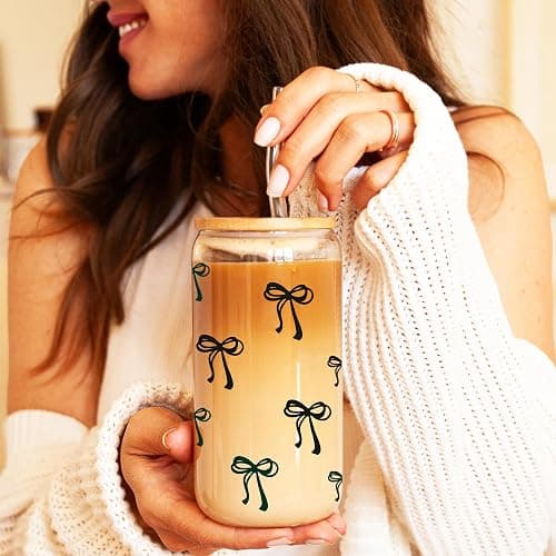 BIPEDS Cute Black Bow Glass Cup with Lid and Straws, Iced Coffee Smoothie Matcha Cup Tumbler, Birthday Gifts for Women Coffee Lover Teenage 13 14 15 16 17 18 19 years old Teen Girl Gifts Trendy Stuff thumbnail 2