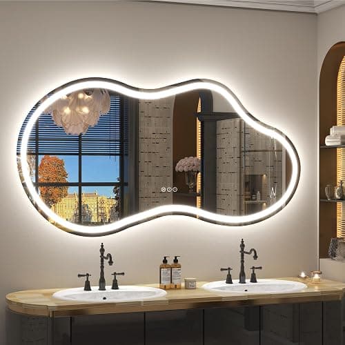 CHARMOR 60x32 Inch Irregular Cloud LED Bathroom Mirror with Lights, Asymmetrical Lighted Vanity Mirror for Wall, Anti-Fog, Dimmable, Memory, 3 Colors (Horizontal/Vertical) - Image 1