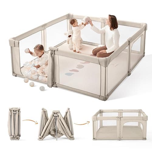 Sweeby Baby Playpen, 59x59 Inch Gate Foldable for Babies and Toddlers, Extra Large with Door Play Yard for Fence Indoor and Outdoor, Light Khaki - Image 1
