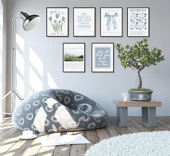 Set of 6 Trendy Blue Christian Canvas Wall Art Bible Verses Preppy Posters Coquette Blue Bow Biblical Painting Pictures Religious Scripture Prints for Girls Room Dorm Apartment Home Decor Unframed thumbnail 5