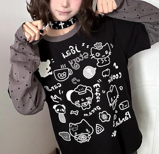 GOTHPICKUS Womens Y2k Cute Graphic Sweatshirts Harajuku Kawaii Striped Sweatshirt Patchwork Cartoon Casual T-Shirts thumbnail 3
