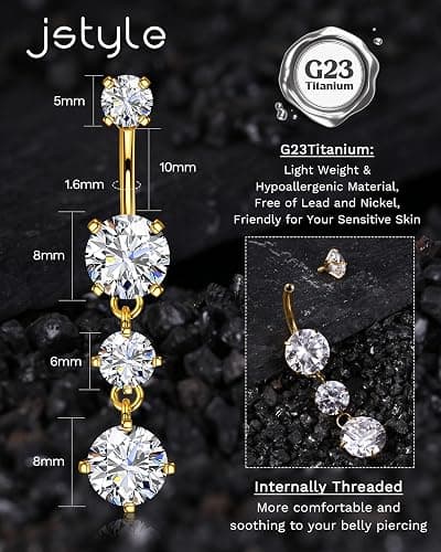 Jstyle G23 Titanium Dangle Belly Button Rings for Women 14G Internally Threaded Belly Ring Dangling Piercing Jewelry with Heart Butterfly CZ Hypoallergenic Navel Piercing Ring thumbnail 3