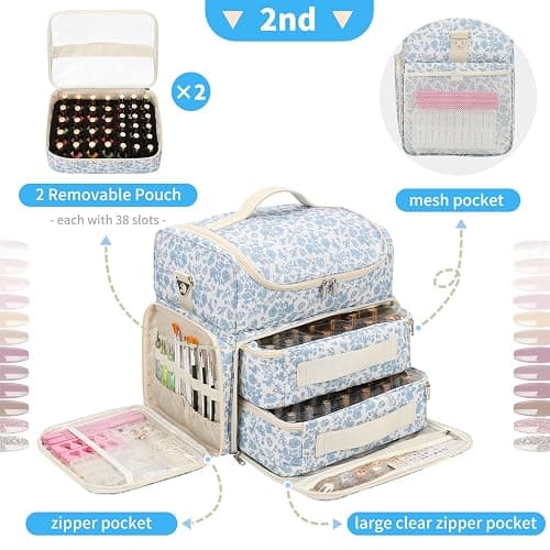 CUBETASTIC Extra Large Nail Polish Organizer Case Holds 86 to 100+ Bottles Nail Polish & Nail Lamp, Nail Supplies Storage Carrying Bag with 2 Removable Pouches (Blue Floral, 86 Slots) thumbnail 4