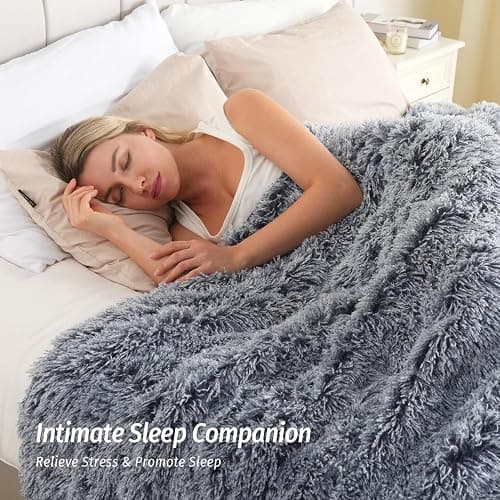 Wemore Shaggy Long Fur Faux Fur Weighted Blanket, Cozy and Plush Sherpa Long Hair Blanket for Adult 15lbs, Fluffy Fuzzy Sherpa Reverse Heavy Blanket for Bed, Couch, Backprint Navy Blue, 48 x 72 Inches thumbnail 3