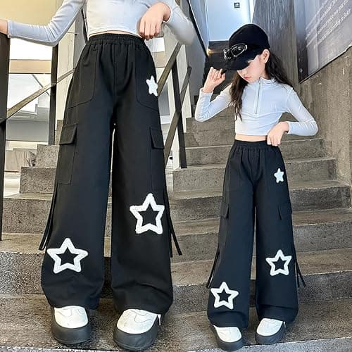 Viatabuna Star Cargo Baggy Pants for Girls Kids High Elastic Waist Embroidery Y2k Wide Leg Pull On Trousers with Pockets thumbnail 2