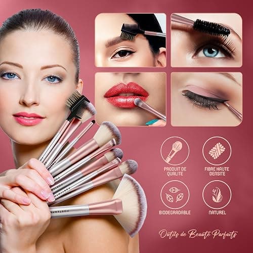 PORTENTUM Pinceaux maquillages Lot de 18 avec étui de voyage, manche en bois professionnel Kabuki en fibre synthétique de qualité supérieure pour fond de teint thumbnail 7