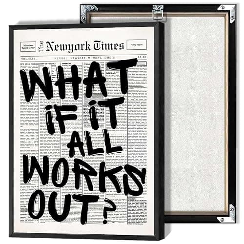 Retro Black And White Newspaper Poster What If It All Works Out Canvas Wall Art Positive Affirming Quote Minimalist Prints Painting For Home Bedroom Dorm Wall Decor 12x16in Framed - Image 1