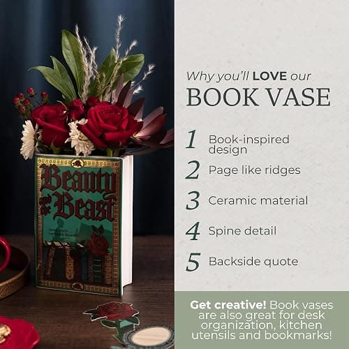 Steel Mill & Co Original Large Book-Shaped Decorative Vase, Ceramic Vases for Home Decor, Cute Bookshelf Decor, Unique Vase for Book Lovers, Beauty and the Beast thumbnail 6