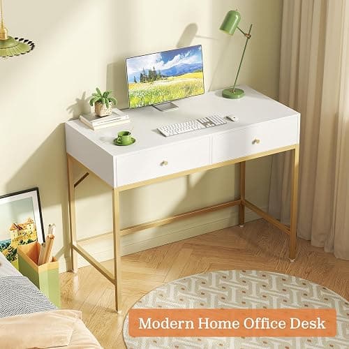 SUPERJARE 31.5" White and Gold Desk with 2 Drawers, Modern Vanity Desk, Small Makeup Table for Home Office Writing Study Bedroom thumbnail 6