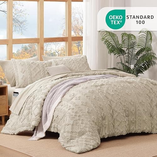 Queen Size Comforter Set- 7 Pieces Tufted Bed in a Bag Queen Bedding Sets | All Season Shabby Chic Boho Bedding with Comforter, Sheets, Pillowcases & Shams, Beige thumbnail 6