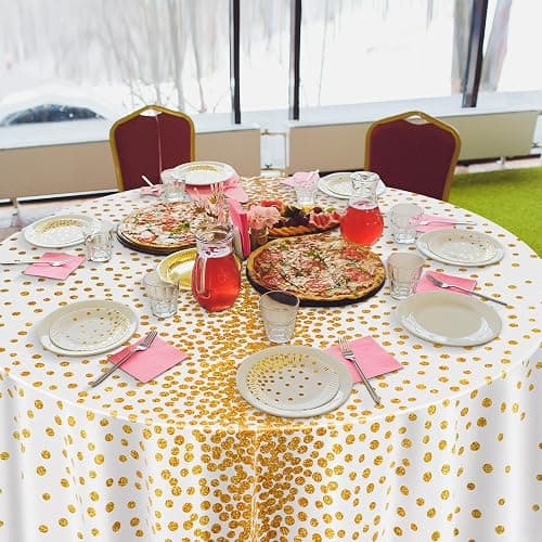 VitalCozy Round Dot Tablecloth 84 Inch Plastic Table Cover Polka Dot Confetti Tablecloths for Easter 2026 Graduation Prom Wedding Birthday Spring Party Supplies(White and Gold,12 Pcs) thumbnail 6