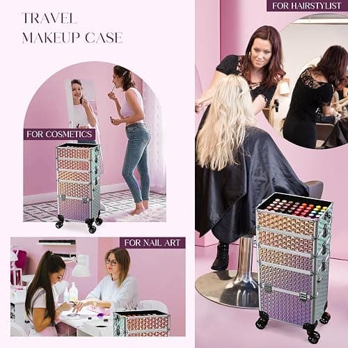 Yueieoun 5 in 1 Rolling Makeup Case, Cosmetology Case on Wheels Travel Make up Train Case Nail Cart Makeup Organizer Cosmetic Storage Box Cases Extra Large Trolley Truck with 360° Swivel Wheels, Pink thumbnail 5