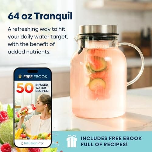 Infusion Pro Glass Fruit Infuser Water Pitcher, 2 Qt | Heat Resistant for Hot/Cold Use, Iced Tea Pitcher, Tranquil Collection thumbnail 7