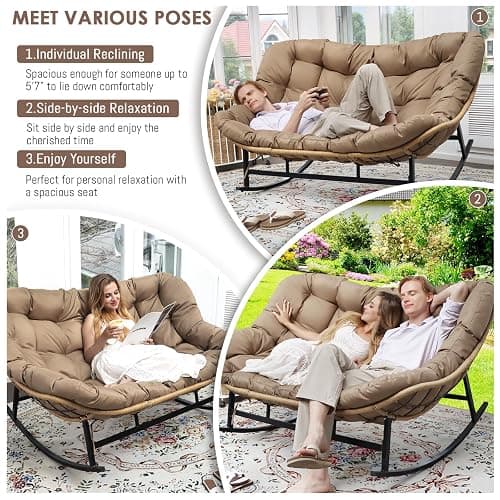 NICESOUL Double Large Papasan Chair Outdoor, Oversized 2 Person Egg Rocking Chair with Cushions, 700 lbs Heavy-Duty Wicker Loveseat Recliner Glider for Outdoor & Indoor Patio, Balcony & Garden, Brown thumbnail 9