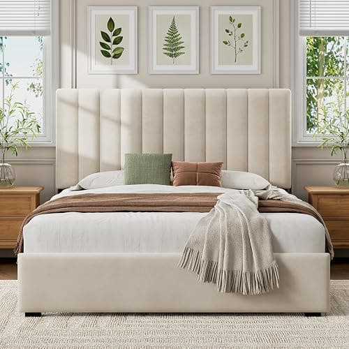 Welzona Full Upholstered Bed Frame with Headboard, Velvet Upholstered Metal Platform Bed with Vertical Channel Tufted Headboard, 3-Level Height, Metal Slat Support, Noise-Free Easy Assembly, White - Image 1
