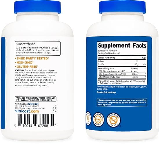 Nutricost Omega 3 Fish Oil - 2500MG, 120 Softgels (40 Serv) - Fish Oil, Wild Caught! 1200mg EPA 850mg DHA - Non-GMO, Gluten Free thumbnail 4