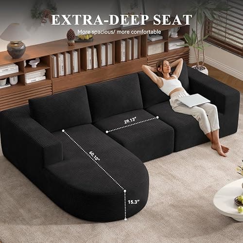 L-Shaped Boneless Couch,104" Couches for Living Room with Curved Chaise,Modular Sectional Sofa with Deep Seat,Modern Cozy Cloud Compression Sofas,No Assembly Required(Black) 1PCS thumbnail 3