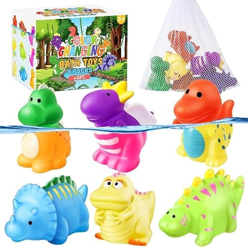 Color Changing No Hole Toddler Bath Toys for Kids Ages 1-3 4-8, Dinosaur Bath Toys Toddlers 2-4, Dinosaur Toys, Christmas Stocking Stuffers Christmas Birthday Gifts Bathtub Water Toys with Drying Bag - Image 1