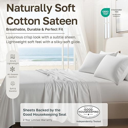 Soft Natural 100% Cotton Sateen Full Size Sheets, 4 Pc Set, Ivory | Backed by Good Housekeeping Seal, Light & Breathable For Hot Sleepers, 14" Deep Pocket, All-Around Elastic, Durable thumbnail 2