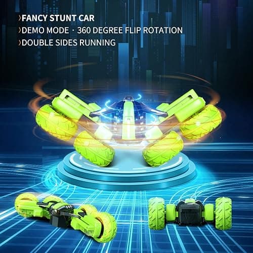 Remote Control Car for Kids 6-12 Years Old, Birthday Gift Toy for Boys Age 6 7 8+, RC Car Stunt with Light 4WD Double Side Racing Vehicle 360° Flips Offroad Indoor Outdoor Sand Grass Garden Green thumbnail 2