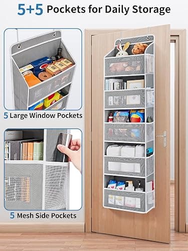 JARLINK Over The Door Organizer Storage, 5 Shelf Hanging Door Organizer with 5 Large Capacity Pockets, Anti Tilt 44 lb Load Behind Door Organizer for Bedroom, Bathroom, Pantry, Nursery, (Grey) - Grey - 1 Pack thumbnail 4