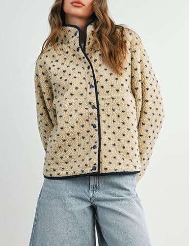 Meyhad Women's Fleece Jacket Button Down Lapel Collar Sherpa Jackets Long Sleeve Contrast Quilted Outerwear thumbnail 2