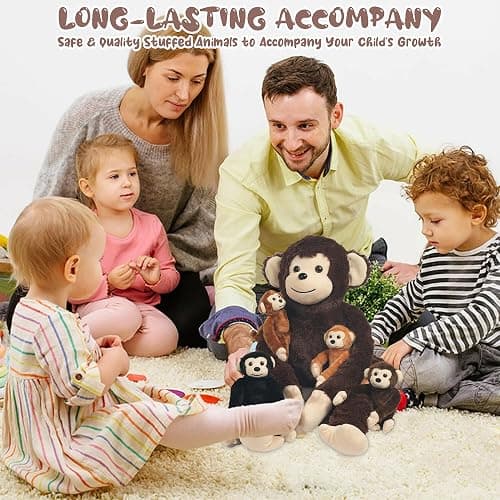 5 PCS Monkey Stuffed Animal, Large Huggable Stuffed Monkey Toy with 4 Baby Monkeys Inside, Hanging Plush Monkeys with Hook and Loop Suprise Gifts for Kids Christmas Birthday Jungle Forest Party Decor thumbnail 2