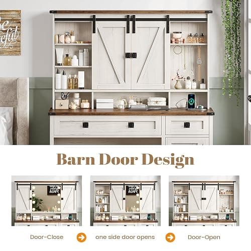 AOGLLATI Makeup Vanity with Lights & Barn Doors, Vanity Desk with Mirror and Lights & Charging Station, Farmhouse White Vanity Table with Jewelry Hooks and Open Storage Shelves thumbnail 3