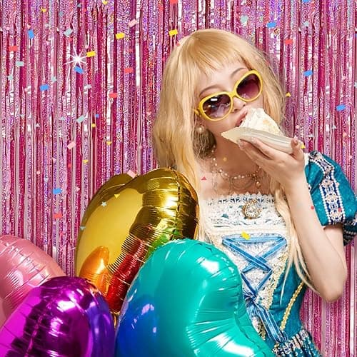 Tinsel Curtain Pink Birthday Party Decorations 2 Packs Glitter Foil Fringe Curtain Decor Streamers Photo Booth for Birthday Christmas Wedding Halloween Graduation thumbnail 3