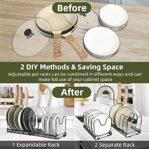 ROOHUA Pot Rack -Expandable Pan Organizer for Cabinet, Lid Holder with 10 Adjustable Compartment for Kitchen Cabinet Cookware Baking Frying Rack thumbnail 3