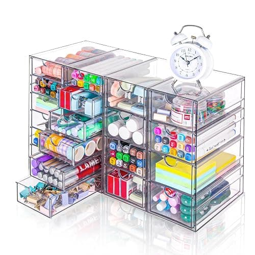 VZKAH Clear Acrylic Desk Organizer with 20 Drawers, 4 Modular Units | 4-piece clear drawer set for office supplies, crafts, makeup, and small daily items on desks, vanities, counters - Image 1
