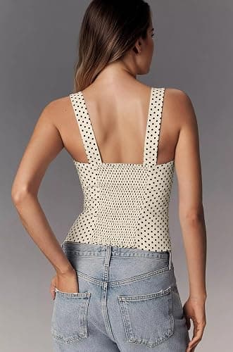 Ythomm Womens Polka Dot Linen Tank Tops Sleeveless Square Neck Back Smocked Crop Tops Fitted Casual Summer Going Out Y2k Tops thumbnail 4