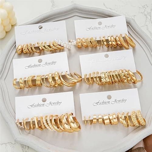 36 Pairs Gold Hoop Earrings Set for Women, Fashion Chunky Gold Hoop Earrings Multipack, Hypoallergenic Pearl Chain Twisted Statement Earring Pack for Birthday Party Jewelry thumbnail 8