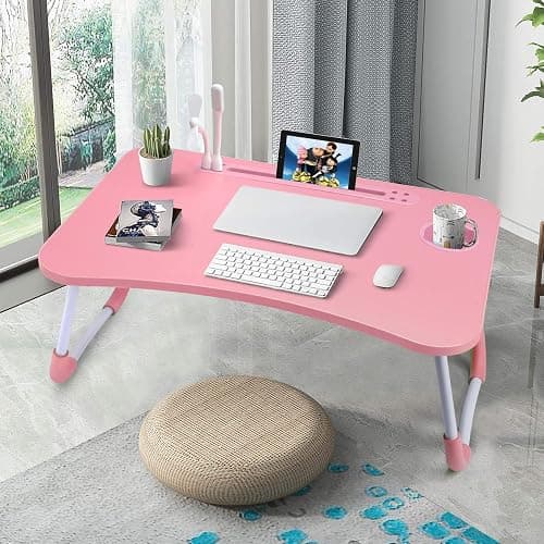 Slendor Lap Desk with Cup Holder, Foldable Laptop Table for Bed, Portable Bed Desk for Laptop and Writing, Computer Tray with Tablet Slot, Notebook Stand Reading Holder for Couch Sofa Floor,Pink thumbnail 4