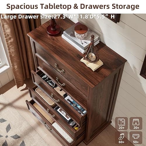 Joaxswe Farmhouse 5 Drawer Dresser for Bedroom, 45" Tall Rustic Chests of Drawers w/ 4 Solid Wood Feet, Mid Century Modern Wooden Closet Storage Dressers Organizer for Living Room, Hallway, Brown thumbnail 6