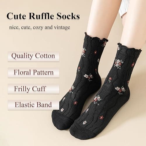 bropapa Womens Ruffle Crew Socks Vintage Patterned Ankle Casual Fashion Dress Sock Cute Lettuce Floral Socks 5/6 Pack thumbnail 4