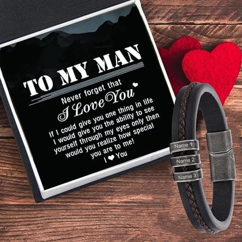 Personalized Custom Name Bracelets for Men - Mens Leather Bracelet with 2-5 Kids Names Customized Gifts for Dad Husband Son thumbnail 3