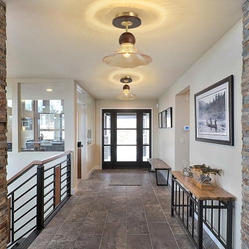 Brown Glass Wood Brass Semi Flush Mount Ceiling Light Vintage Hallway Light Fixture, Mid Century Modern Farmhouse Ceiling Mount Lamp Light Fixture for Bedroom Kitchen Entryway Laundry Room Porch Foyer thumbnail 5