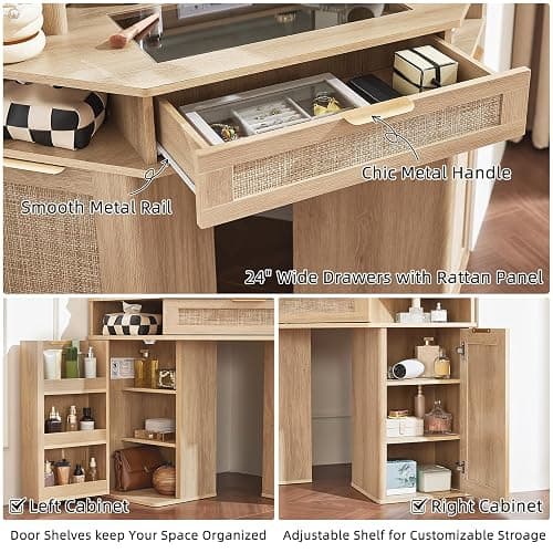 Lerliuo LEYAOYAO Fluted Makeup Vanity Desk with Mirror and Lights, 43.5'' Blue Vanity Table with Glass Top and Power Outlet, Make Up Vanity with 6 Drawers and Adjustable Shelves for Bedroom thumbnail 6