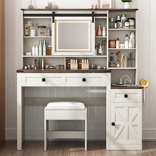 jiteentarou Farmhouse 47" Large Makeup Vanity Desk with Glass Tabletop, White Vanity with Sliding Mirror and Lights, Vanity Set with Stool & Charging Station, 3 Colors Lights, Ample Storage thumbnail 7