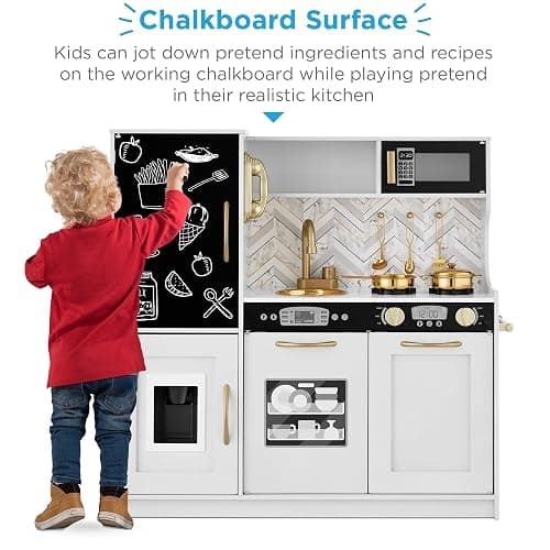 Best Choice Products Pretend Play Kitchen Wooden Toy Set for Kids w/Realistic Design, Telephone, Utensils, Oven, Microwave, Sink - White Bevel thumbnail 3