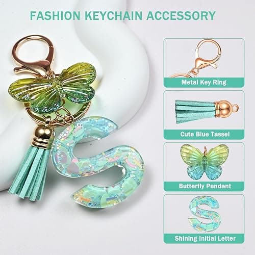 JINGUAZI Butterfly Initial Letter Keychain Bag Charms for Women | Cute pendant accessories for purses, handbags, backpacks, car keys, small gift for her young women, mothers, teachers thumbnail 3