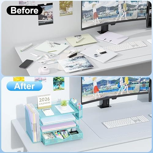 gianotter Desk Organizers and Accessories with File Holder, 4-Tier Desk Accessories & Workspace Organizers with Drawer and 2 Pen Holder, Paper Organizer for Office Supplies (Blue) thumbnail 4