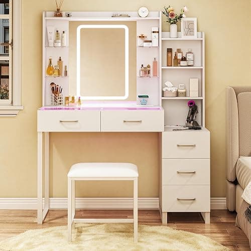 HUAHUU Vanity Desk with Mirror and LED Lights, 43" Makeup Vanity with Glass Top & Wireless Charging, Vanity with RGB Drawers, 3 Colors Light, Power Outlet Safety Switch for Bedroom, White thumbnail 9