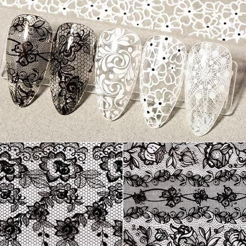 SILPECWEE 20 Rolls Lace Nail Foil White and Black Nail Transfer Foil Flower Nail Art Foils Decals Holographic Foils for Nails Manicure Stickers for DIY Acrylic Nails Decoration thumbnail 5