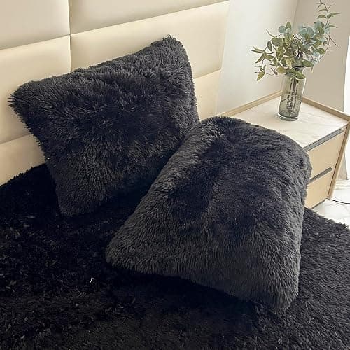 chovy Faux Fur Black Full Sheet Set with Extra Soft Plush Velvet Flannel Fluffy Fuzzy (Pillowcase x 2, Flat Sheet x 1, Fitted Sheet x 1) thumbnail 6