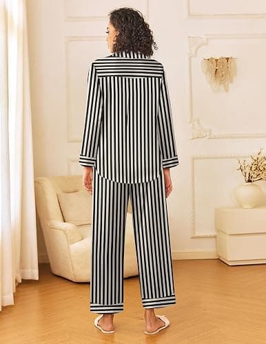 Ekouaer Womens Silk Satin Pajama Sets 2 Piece Sleepwear Pjs Set Long Sleeve Button Down Top and Pants Stripe Loungewear S-XXL thumbnail 2