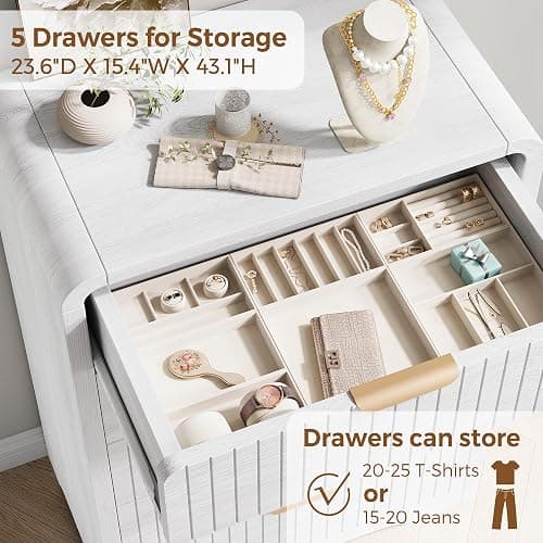 Jocoevol 5 Drawer Dresser for Bedroom, Tall Chest of Drawers, Fluted Wood Dresser with Curved Profile Design, Modern Vertical Storage Dresser for Living Room, White Dresser thumbnail 5
